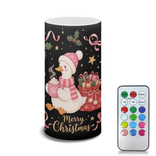 Image of Poceacles Christmas Home Decor Flameless Candle Electric LED Lights with Timer Remote Color Lights, Merry Christmas Print Tealight for Outdoor Indoor, Porch Goose Print