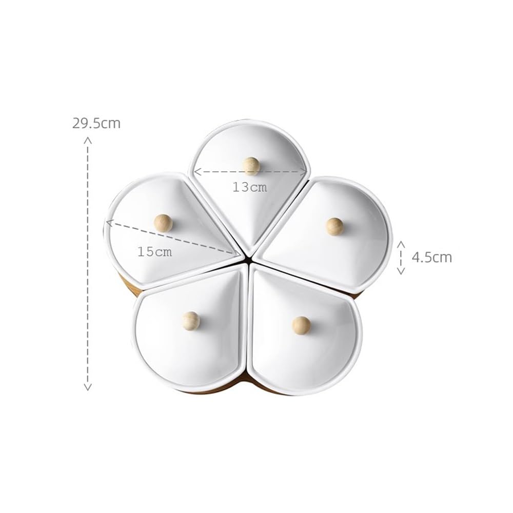 Plateau à goûter divisé avec 5 bols en céramique sur base en bambou – Parfait pour les apéritifs et les collations | Plateau de service polyvalent pour toutes les occasions