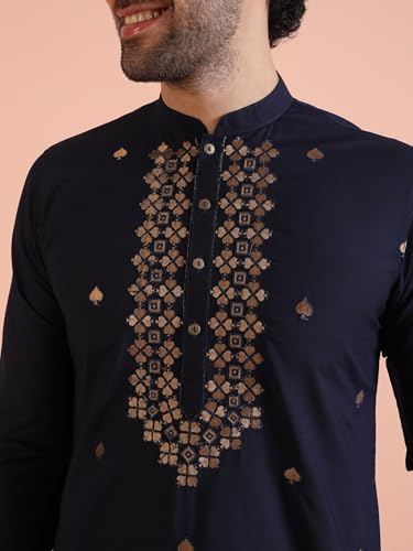 Kisah Men's Kurta, Navy Blue Blended, Embellished Regular Fit Mandarin Collar Long Sleeves (Xl)