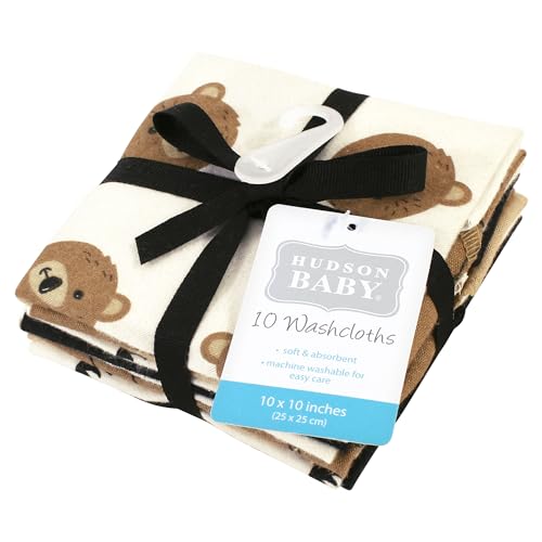 Image of Hudson Baby Unisex Baby Flannel Cotton Poly Washcloths, Brown Bear 10 Pack, One Size