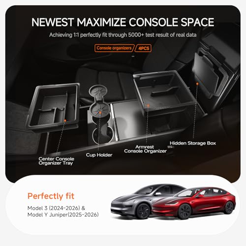 Center Console Organizer for Tesla New Model Y Juniper 2025-2026/Model 3 2024-2026 [2-Layer Design, Easy Slide] Keep Console Clutter-Free Custom Fit for Model 3 & Juniper Model Y Accessories, 4PC by DooGooCoo - Image 3