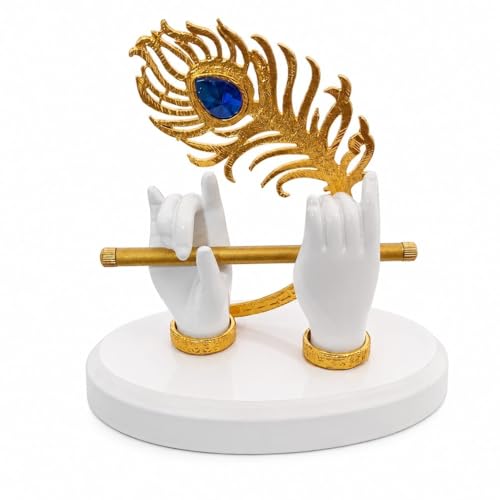 Image of Luxury Krishna Flute Hand Showpiece for Home Decor | Golden Peacock Feather with Blue Crystal Stone | Decorative Tabletop Statue for Living Room, Office & Gift
