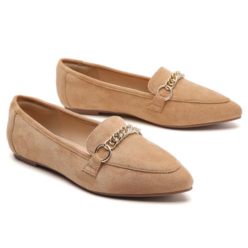 Image of Tilocow Metal Chain Loafers for Women Pointed Toe Slip on Flats Comfortable Fashion Work Shoes