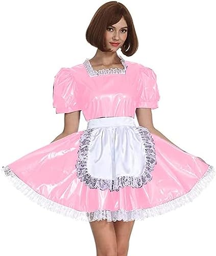 女性 PVC メイドコスプレ衣装半袖レトロメイドロリータドレスフレンチ衣装エプロン付き,ライトピンク,L