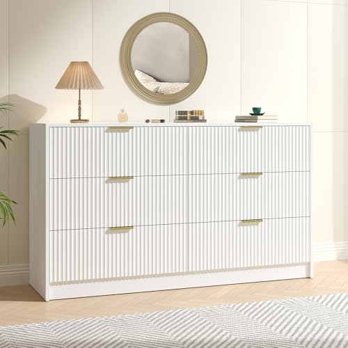 Image of White 6 Drawer Dresser Bedroom,55 inch Wide Large White Fluted Dresser with Gold Handles, Modern Chest of Drawer for Closet, Bedroom, Living Room