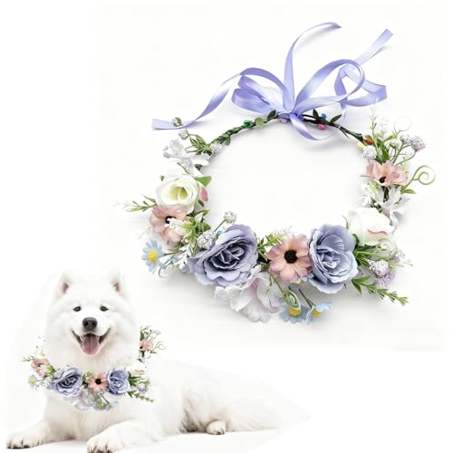 Collier de fleurs de mariage pour chien - Nœud papillon pour chien - Vêtements de mariage - Couronne de fleurs pour animaux de compagnie - Col floral...
