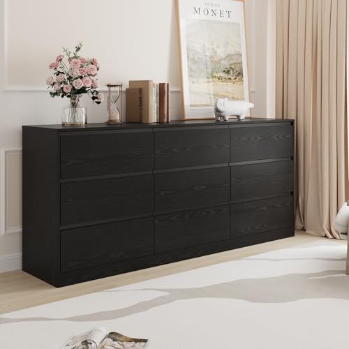 Image of Bobve 70.9 inch Dresser for Bedroom with 9 Drawers, Large Modern Chest of Drawers with Deep Drawers, Wide Double Dresser Handle Free, Storage Organizer for Bedroom, Living Room, Hallway (Black)