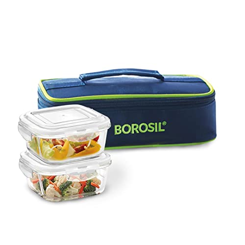 Borosil Adult Lunch Box 2 Pcs Set - 11 Oz Glass Lunch Containers with Soft Insulated Lunch Bag, 100% Leakproof Locking Lids, BPA Free, Microwavable & Dishwasher Safe, Lunch Box For Women, Men & Kids
