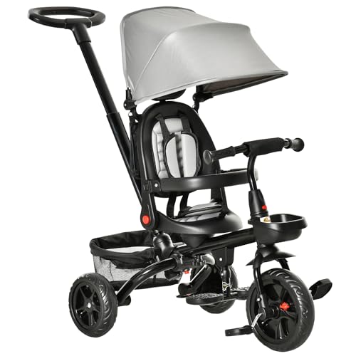 Qaba Kids Tricycle, 4 in 1 Foldable Trike with Reversible Seat, Adjustable Parent Handle, Safety Harness, Wheel Brakes, Removable Canopy, Storage, Tricycle for Toddlers 1-5 Years, Gray