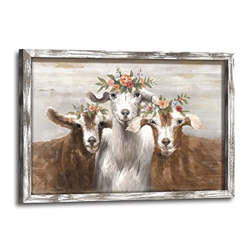 Goat Wall Art Framed Decor: Bathroom Farmhouse Country Animal Portrait Wood Painting Artwork Rustic Farm Lamb with Flower Crown Print Picture for Bedroom Home
