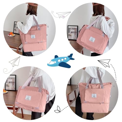 Image of Large Capacity Folding Travel Tote Bag, Oxford Fabric Waterproof Lightweight Foldable Travel Duffel Bag, Portable Expandable Travel Bag, Dry and Wet Separation Carry On Bag for Airplanes (bright pink)