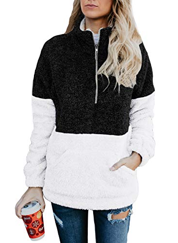 GOSOPIN Women Oversize Fleece Pullover Coat Fluffy Sweatshirt Outwear with Pocket Large Black