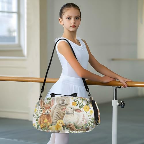 Duffle Bag for Boys or Girls with Shoes Compartment, Lamb Bunny Ducklings Chicken Sports Travel Bag Overnight3