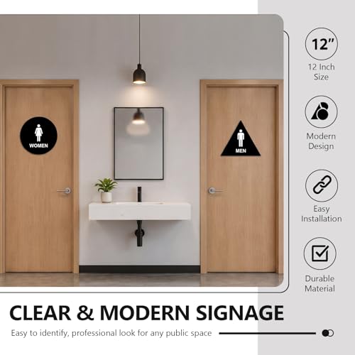 Moxweyeni Accessible Men and Women Restroom Signs Set, 12" Triangle & Round Geometric Bathroom Door Signs, Toilet Door Sign with Adhesive Backing for Public Office Restaurant Commercial Facilities by Moxweyeni - Used condition - Image 6