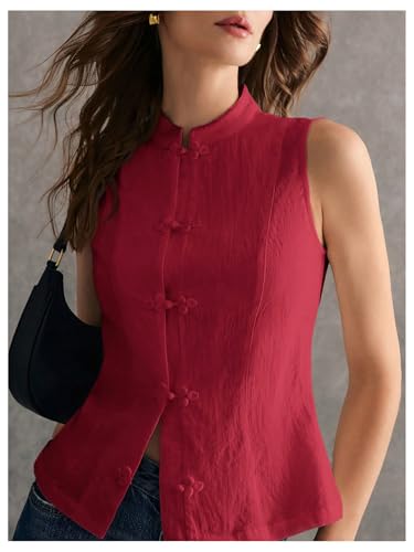 SHENHE Women's Linen Shirt Chinese Frog Button Stand Collar Tank Sleeveless Going Out Tops3