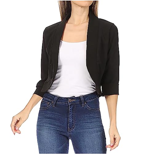 Cropped Blazer for Womens Open Front Work Office Cardigan Suit 3/4 Sleeve Solid Jacket Shrug Casual Business Blazers2