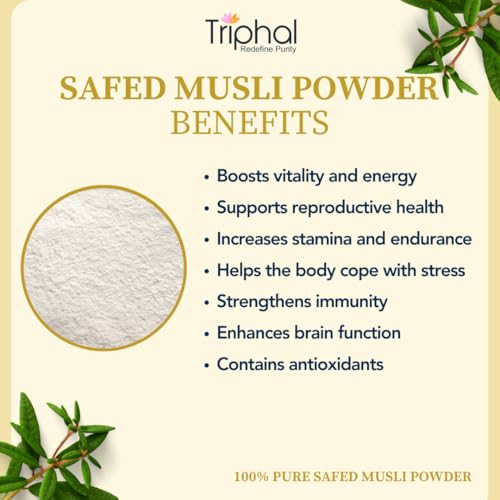 Image of TRIPHAL Natural & Pure Safed Musli Powder (100g) | Organic Ayurvedic Herb For Vitality, Stamina & Performance Organic Produce | Preservative Free