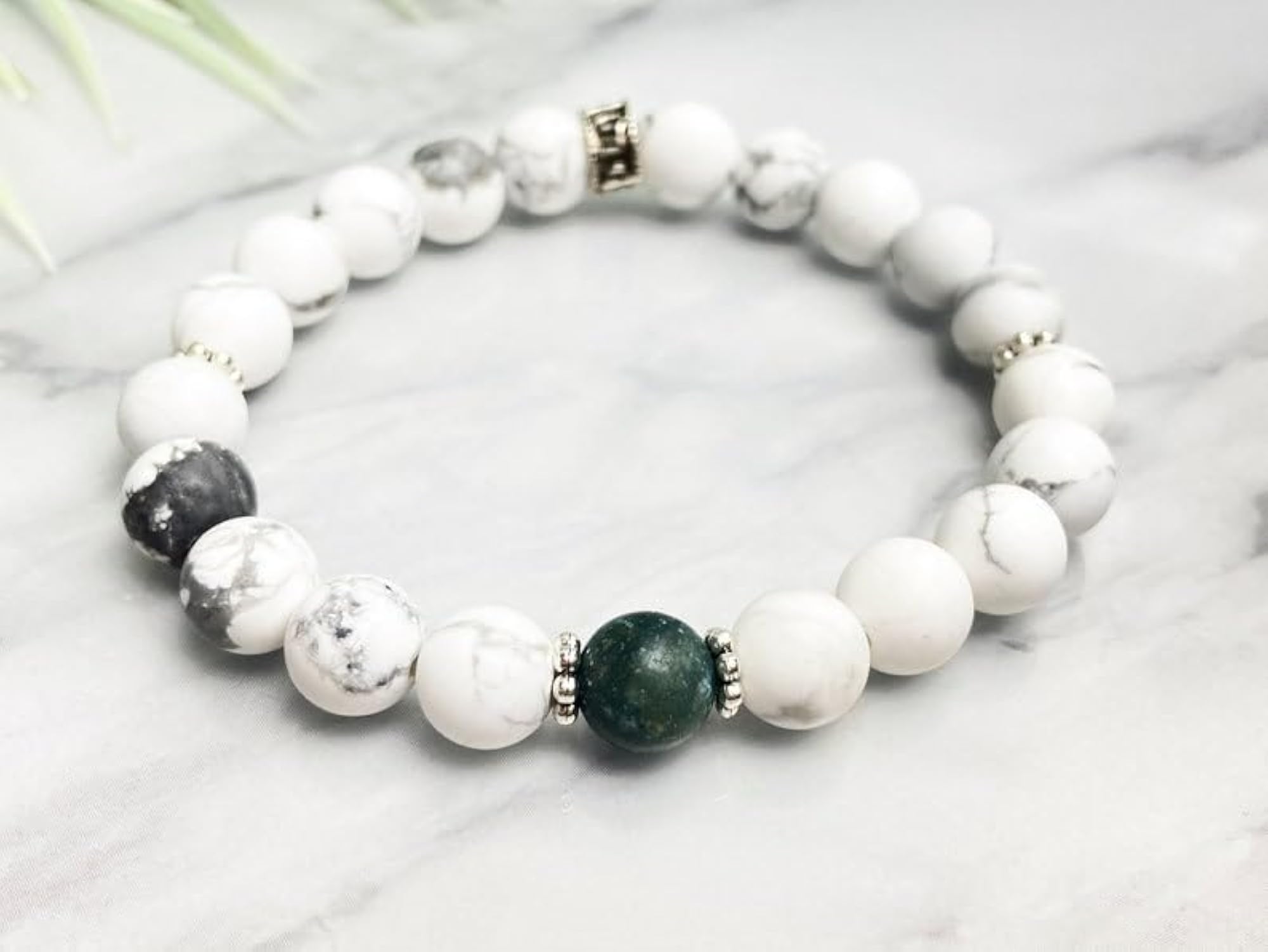 Unisex Natural Matte Howlite & Green Moss Agate Stretchable Bracelet