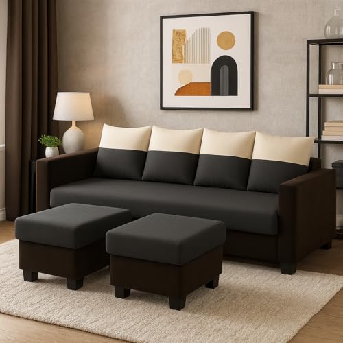 Image of SOCOZI Konva 6 Seater L Shape Sofa Set with 2 Movable Ottomans | Flexible Layout | Soft Velvet Suede Fabric | Modern Design | Plush Comfort Cushions for Living Room (Cream-Dark Grey-Brown)