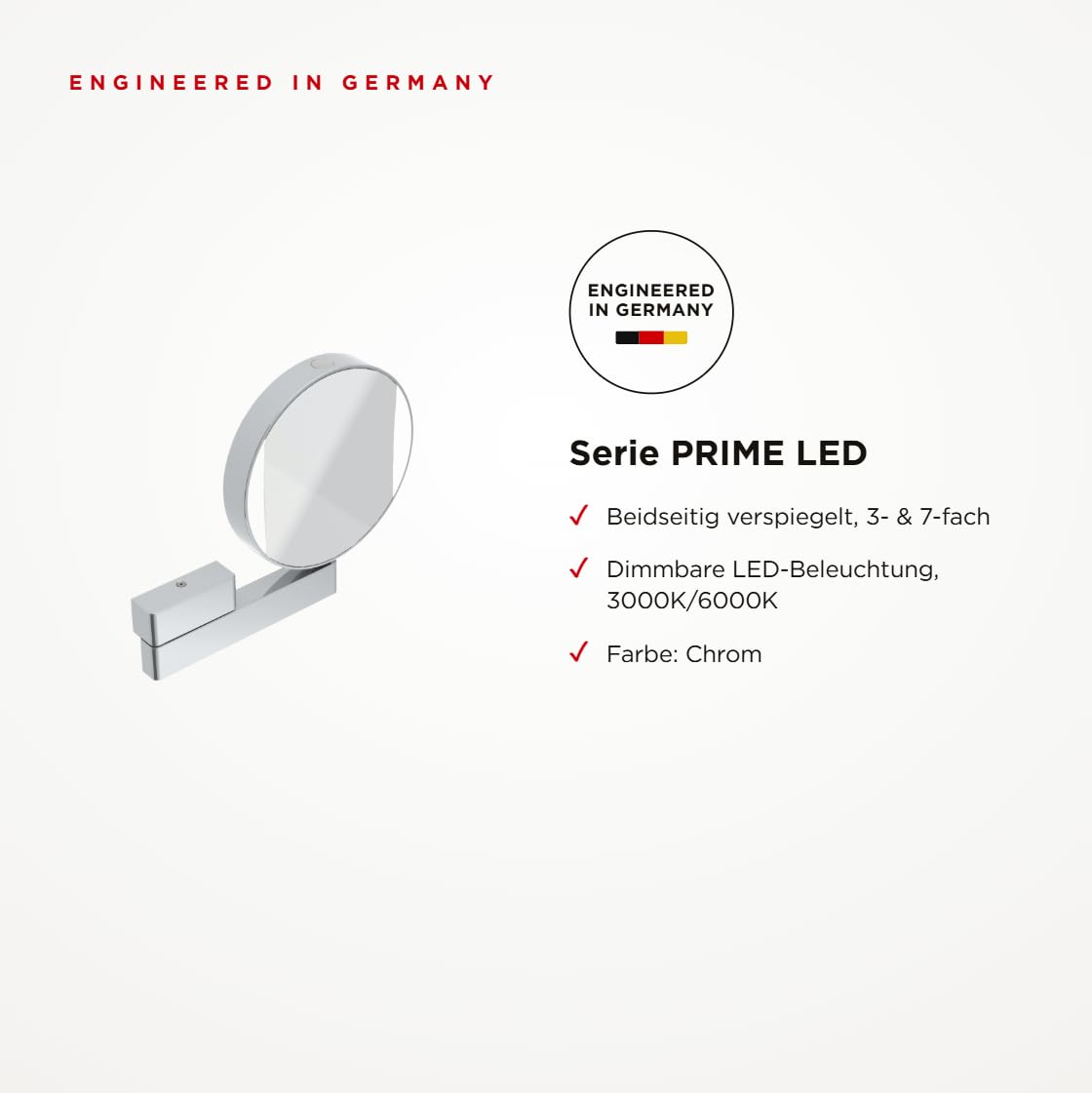 Emco Universal LED Kosmetik- und Rasierspiegel am Flexarm, runder Kosmetikspiegel mit Beleuchtung zur Wandmontage, Vergrößerungsspiegel (3-/7-fach) mit Einstellbarer Farbtemperatur, Chrom