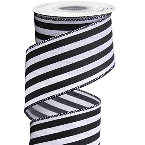 Ribbli Black and White Stripe Wired Ribbon 2-1/2 Inch x 10 Yard Horizontal Striped Burlap Ribbon for Craft Wreath Christmas Tree Decoration Outdoor Decoration