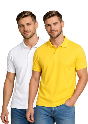 Image of INKKR Men's Combo Polo Neck Polycotton Solid T-Shirt (Pack of 2) White-Yellow