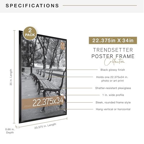 MCS Trendsetter 22.75x34 Poster Frame Black High-Gloss, Vertical & Horizontal Wall Hanging Large Picture Frame for Photos, Posters & Art Prints (2-Pack)