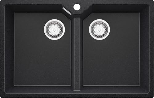 PRIMAGRAN Evier Cuisine en Granit Graphite 78x50cm, Lavabo 2 bacs + Kit de Vidage, Évier à Encastrer au Meuble 80cm - Madrid Twin S003