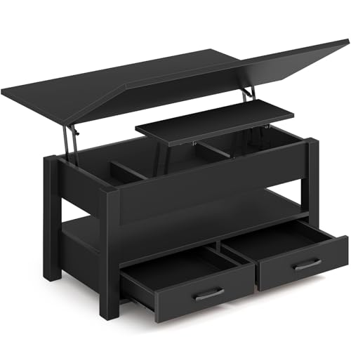 Rolanstar Table Basse Relevable et Extensible en Bois – avec Tiroir, Rangement Caché et Compartiment Ouvert – Convertible en Table à Manger – Idéale...