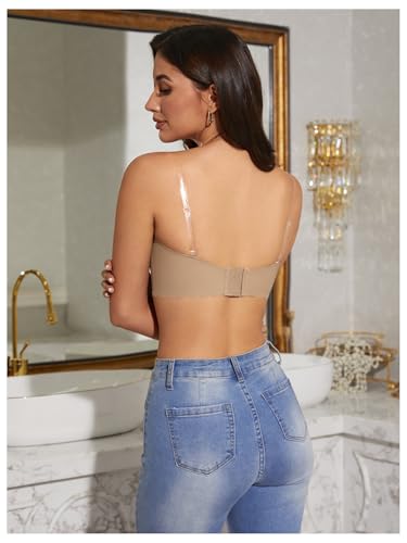 OYOANGLE Women's Scallop Trim Strapless Bandeau Bra Non Slip Padded Wireless Bralettes with Clear Straps2