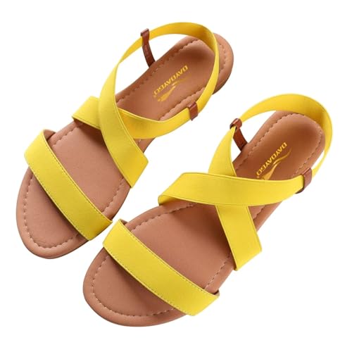 DAYDAYGO Womens Flat Sandals Elastic Sandals for Women Dressy Summer Comfortable Casual Cute Strappy Beach Wedding Flat Sandals Yellow Size 5