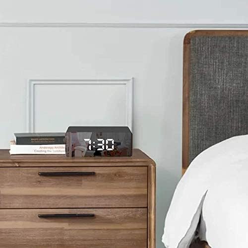 KENIY Creative Digital Mirror Alarm, LED Bedside Clock with Temperature, Snooze,voice Control Makeup Mirror Adjustable Brightness LED Carousel Clock Dual Purpose USB Port Battery Powered Alarm Clock