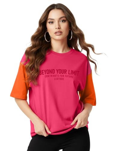 Image of LEOTUDE Half Sleeve Cottonblend Oversized Tshirt for Women, Round Neck Longline Printed Raglan Sleeve Colourblocked Drop Shoulder Baggie T-Shirt Top for Woman (Color Pink)