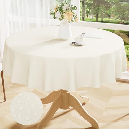 Image of Smiry Round Table Cloth 70 Inch, Waterproof Wipeable Vinyl Tablecloths Protector, Oil Spill Proof Plastic Table Cover for Dining, Picnic, Camping, Outdoor, Beige