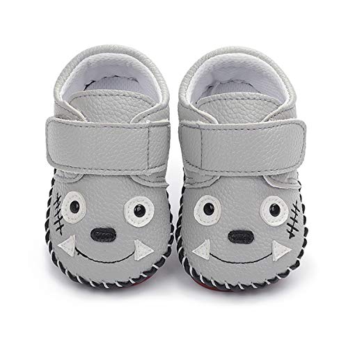LAFEGEN Baby Boys Girls Walking Shoes Hard Bottom Non Slip PU Leather Outdoor Sneaker Infant Carton Slipper Toddler First Walker Crib Shoes(3-18 Months) 12-18 Months Toddler, 01 Grey Wolf
