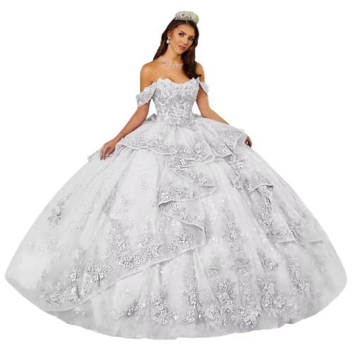 DXUOPL Beaded Silver Quinceanera Dress Off Shoulder 15 Dress Plus Size 20