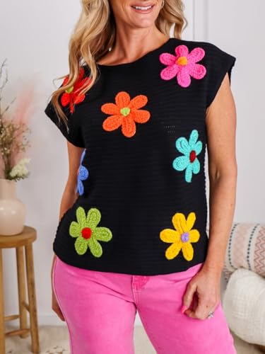 Womens Crochet Flower Embroidery Knit Top Sleeveless Round Neck Knit Sweater4