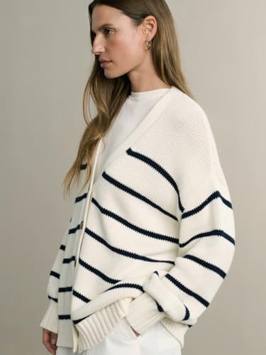 utcoco Women's Striped V Neck Knit Cardigan Baggy Cotton Sweater Timeless & Oversized Fashion Ourwear4