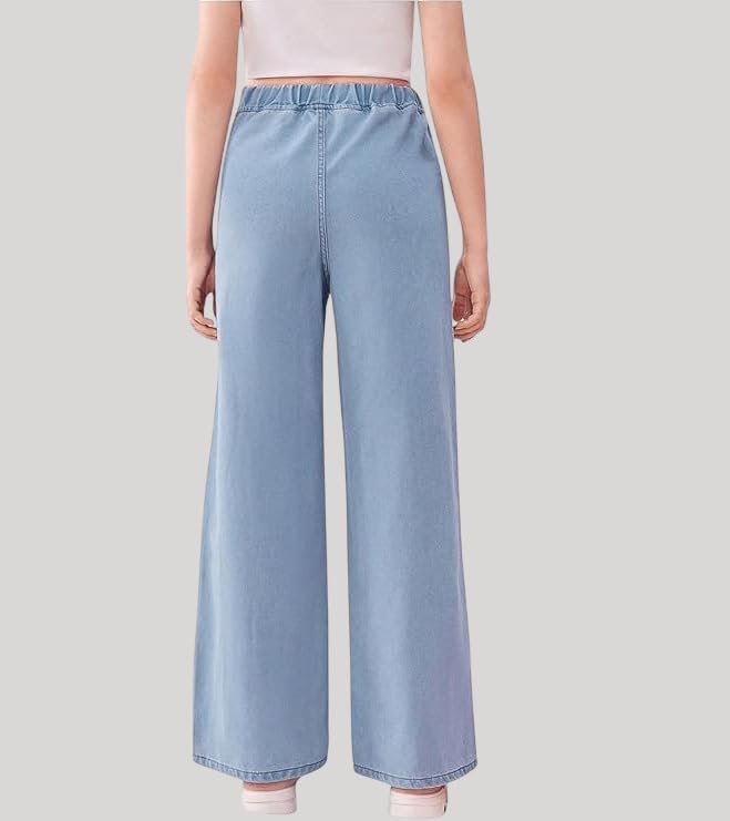 Image of ADBUCKS Girl's Stretch Denim Wide Leg Jeans Comfort Fit with Elastic Waistband, Straight Cut, Casual Style for All Seasons, Versatile Clothing