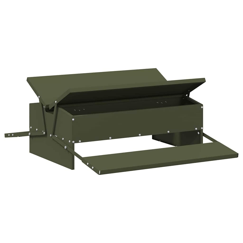 Comedero gallinas metal verde oliva 75 x 53 x 20,5 cm, alimentador gallinas con pedal de acero resistente, diseño funcional para jardín o terraza, montaje fácil con destornillador,