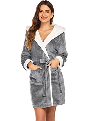 Hotouch Bath Robes Female Womens Coral Fleece Robe Winter Warm Sherpa Plush Hooded Bathrobe Dark Grey S #TOP1