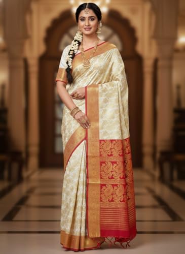 Image of NEW COLLECTION White Red Gold Border Bengali Saree for Women Traditional Kanjivaram Art Soft Silk Garad Durga Puja New Saree Trendy Banarasi Style Red Border Golden Zari Floral Red Blouse
