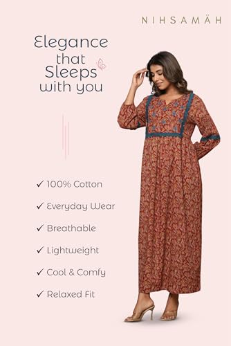 Image of NIHSAMAH Cotton Night Gown for Women, Printed Long Cotton Nighty with Pockets, Comfortable & Fancy Sleepwear /Nightwear /Maxi