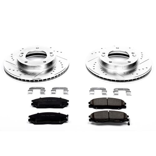 Image of PowerStop Front Brake Kit for Kia Sorento 2003-06 - Drilled and Slotted Disc Rotors with Carbon-Fiber Ceramic Brake Pads Replacement, K5899