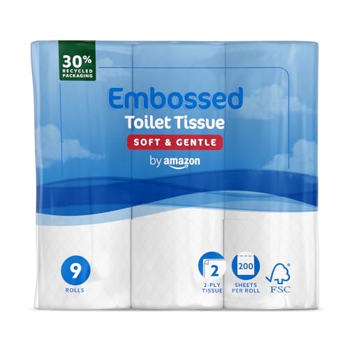 by Amazon Toilet Roll, 2-Ply Embossed, Soft and Gentle, 9 Rolls (1 Pack of 9), 200 Sheets per Roll, FSC Certified