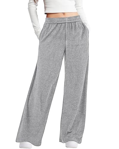 Bsubseach Wide Leg Pants Woman - Terry Cloth Casual Palazzo Pant High Waisted Baggy Lounge Trousers with Pockets Grey L2