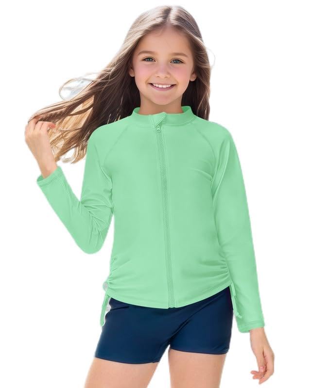 Image of BesserBay Little Girls Sun Protective Zipper Swim Shirt Adjustable Side Drawstring Mint Green Rash Guard Shirt 4 Years