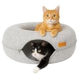 Katzentunnel aus Filz 60x60x28 Katzenbett flauschig rund Katzenhöhle Tunnel Donut Katzendonut Bett Spiele Katzen mit waschbarem Kissen Bezug Katzenkörbchen als Schlafplatz Kuschelbett - Grau