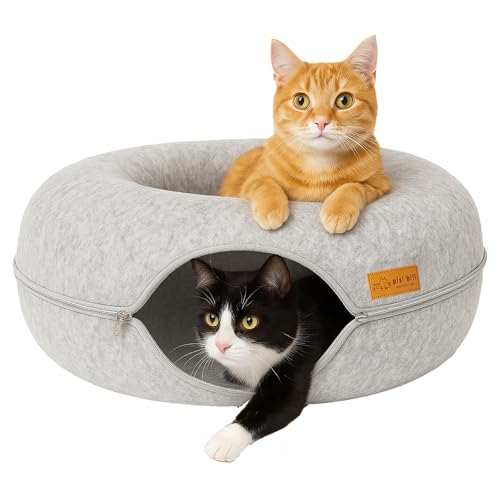 Katzentunnel aus Filz 60x60x28 Katzenbett flauschig rund Katzenhöhle Tunnel Donut Katzendonut Bett Spiele Katzen mit waschbarem Kissen Bezug Katzenkörbchen als Schlafplatz Kuschelbett- Grau