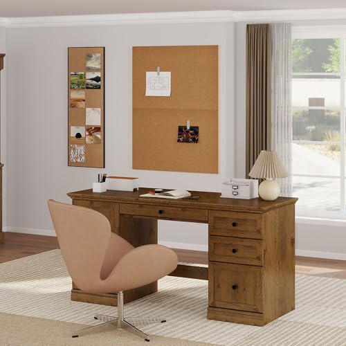 Bevfint 60.5' Executive Office Desk, Classic Computer Desk with File Drawer, Keyboard Tray Cabinet Storage, Farmhouse Wood Writing Desk for Home Office or Study, Vintage Oak
